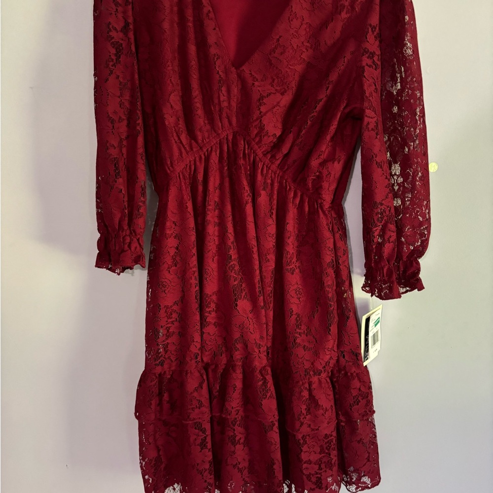 Julian Taylor Burgundy Lace Long Sleeve Dress